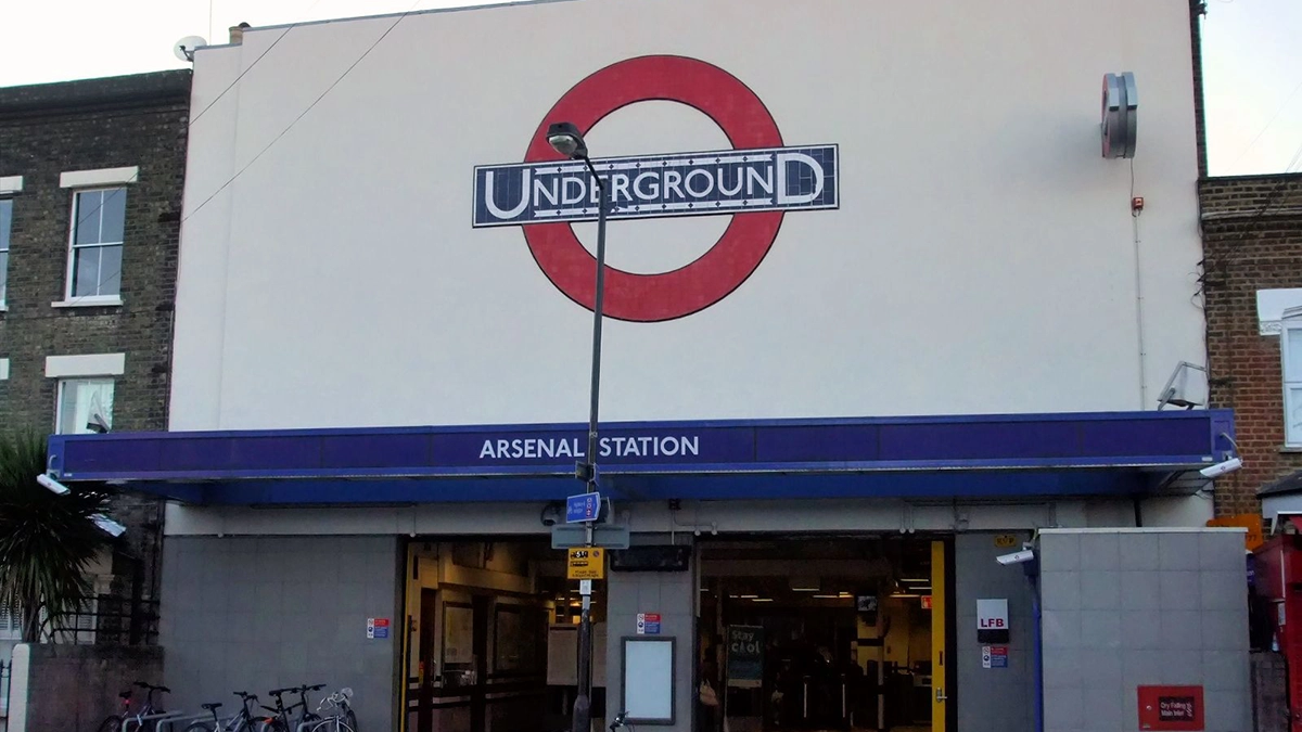 Exterior of Arsenal Tube Station seen from Gillespie Road
