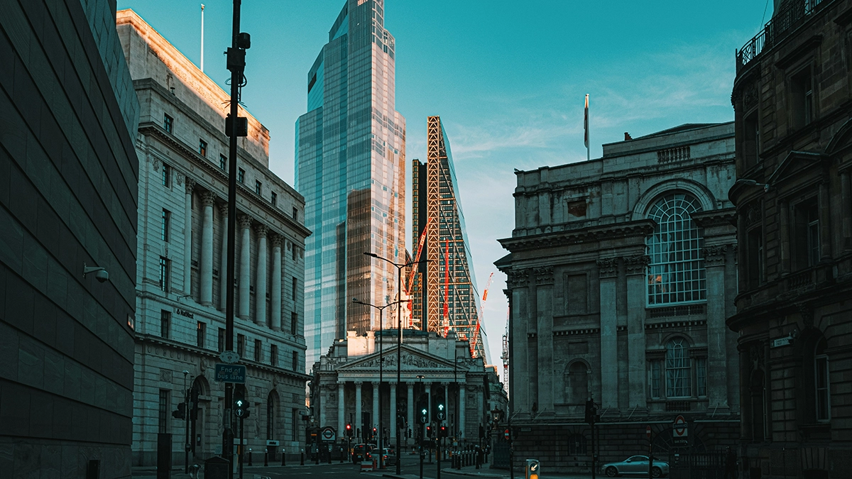 Bank Station seen in the surroundings of Mansion House and The Royal Exchange with The Leadenhall Building