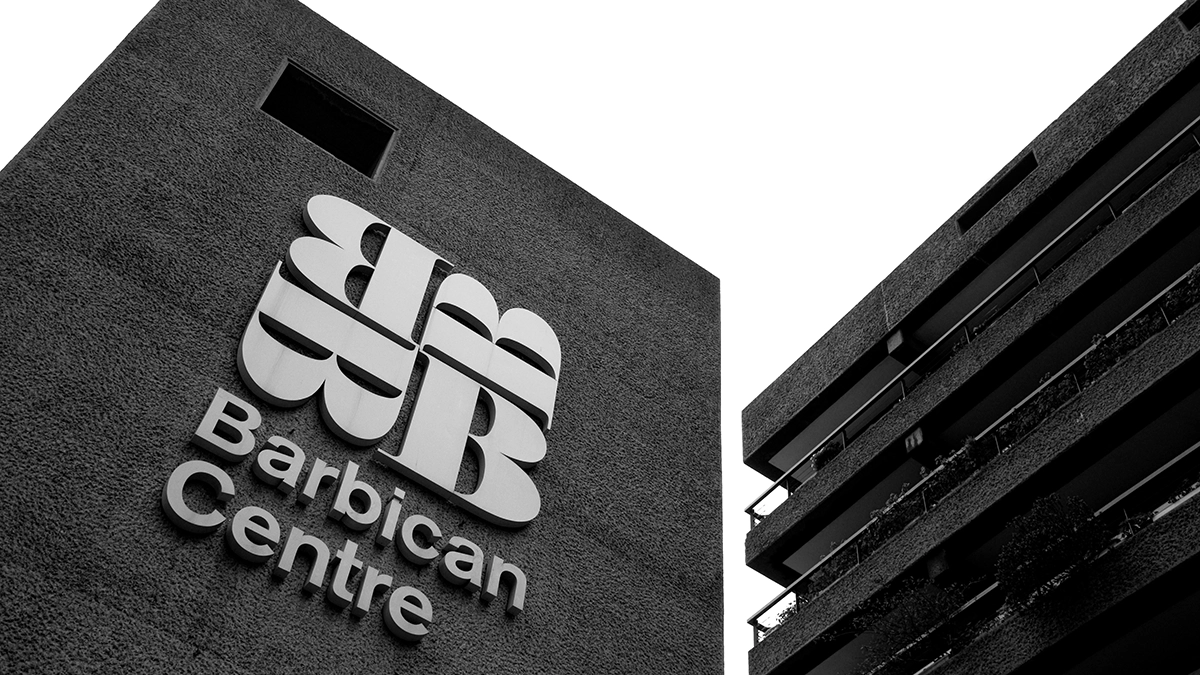 Barbican Centre logo on the outside of the building