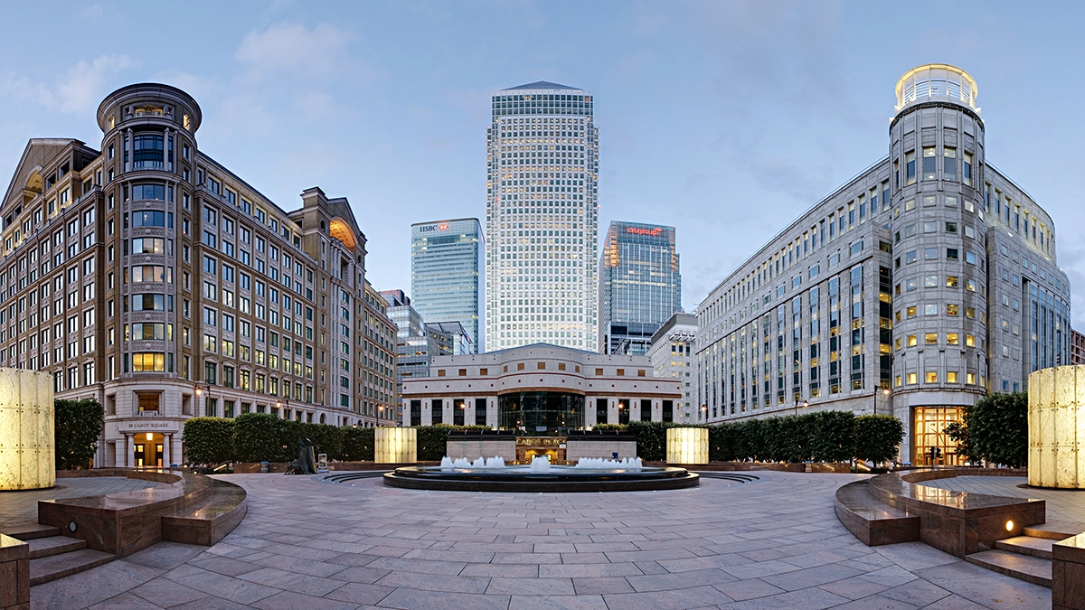 Looking across Cabot Square to the financial institution buildings of Canary Wharf