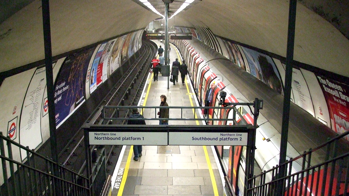 A top down view of the cross track adverts at Clapham North station