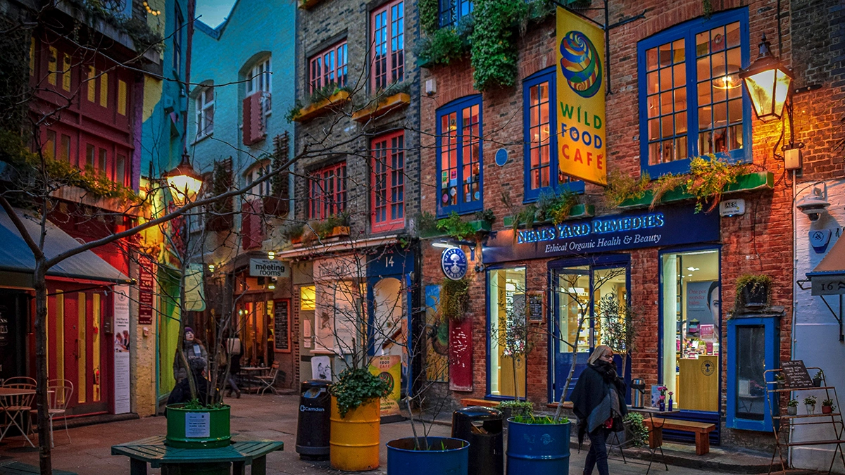 Neal's Yard at dusk with colourful lighting and paint