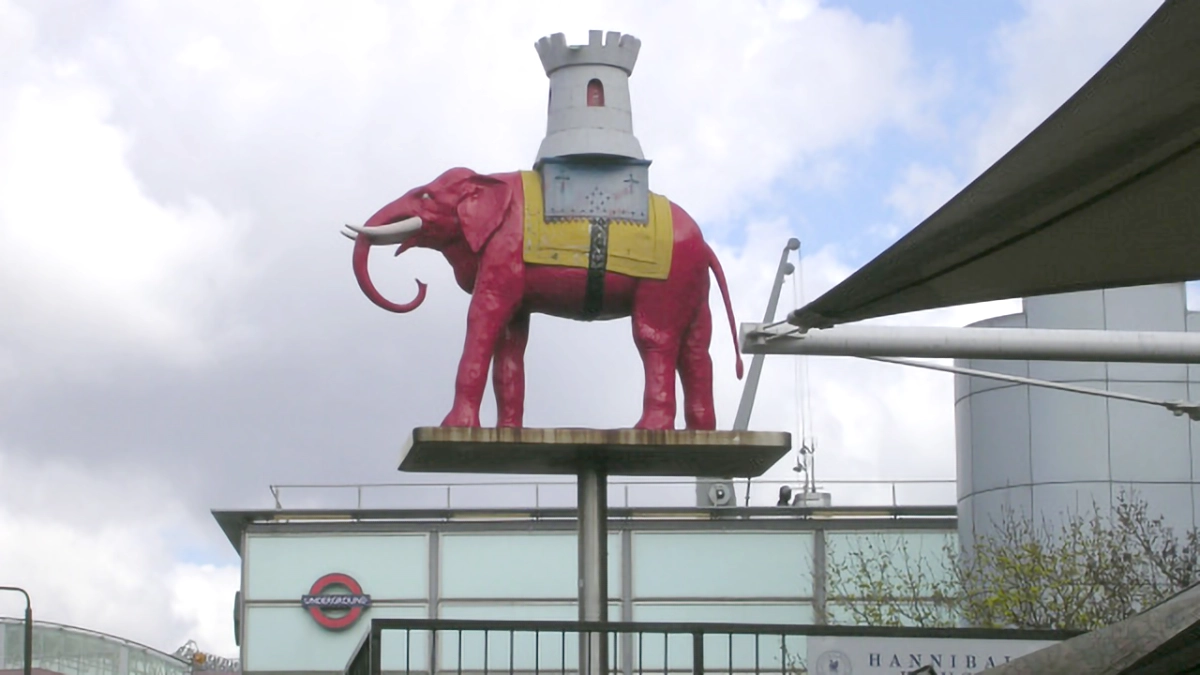 The iconic Elephant and Castle sculpture outside the station