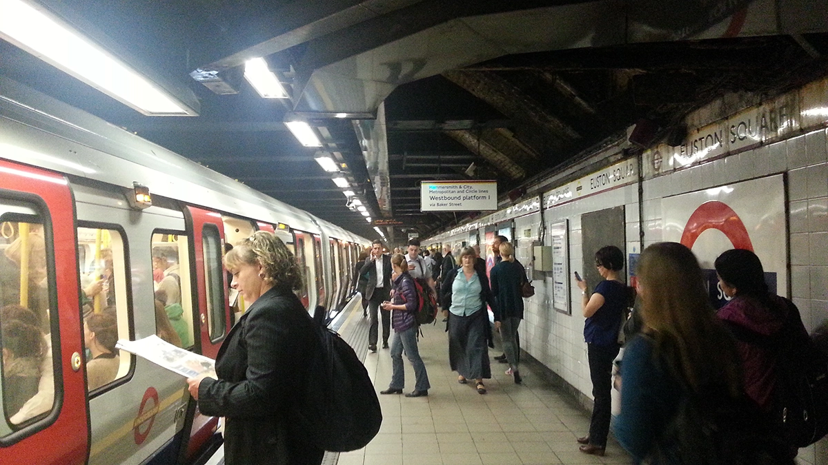 A busy platform at Euston Square station