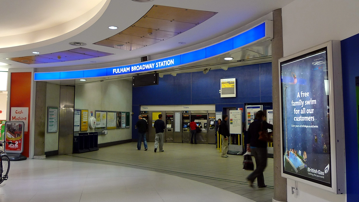 The entrance to Fulham Broadway tube station from inside the shopping centre
