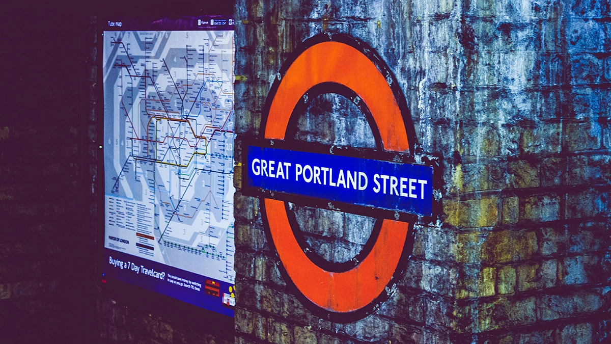 A tube map and roundel at Great Portland Street tube station