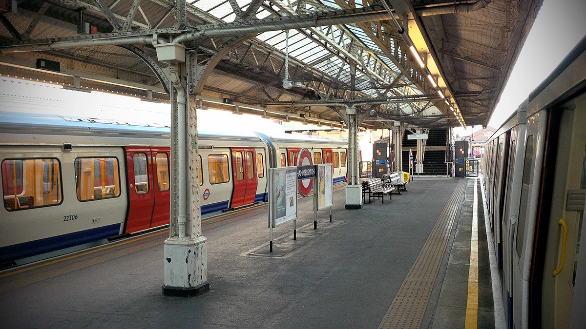 Two trains in platform at Hammersmith tube station
