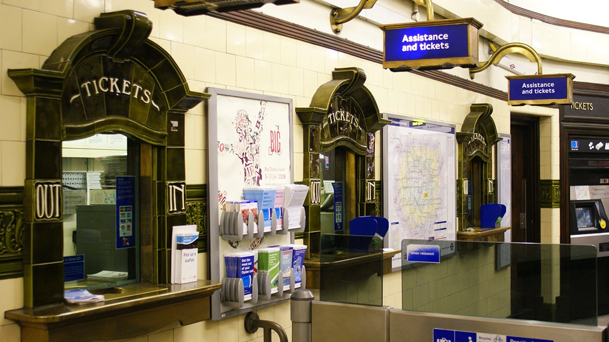 Ticket windows in the entrance hall at Hampstead station