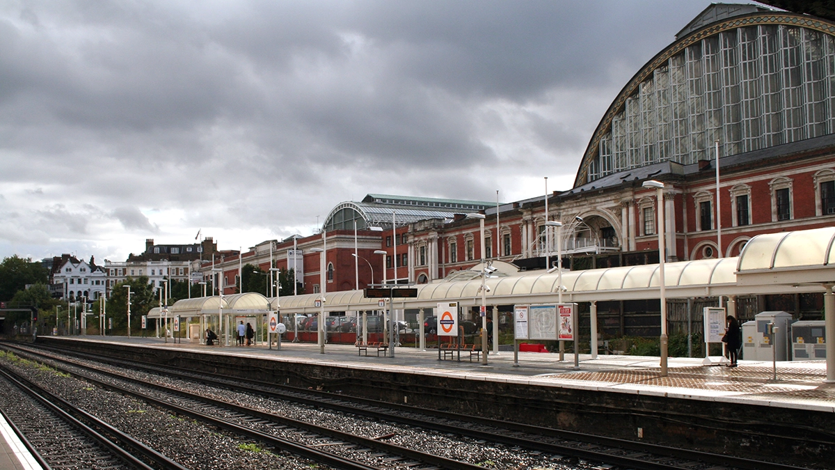 A view across the tracks at Kensington (Olympia) with the exhibition hall in the background