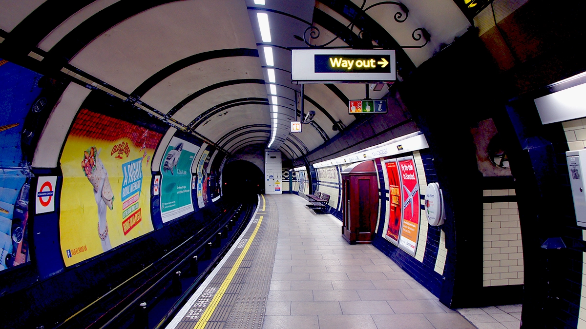 The platform level adverts at Mornington Crescent tube station