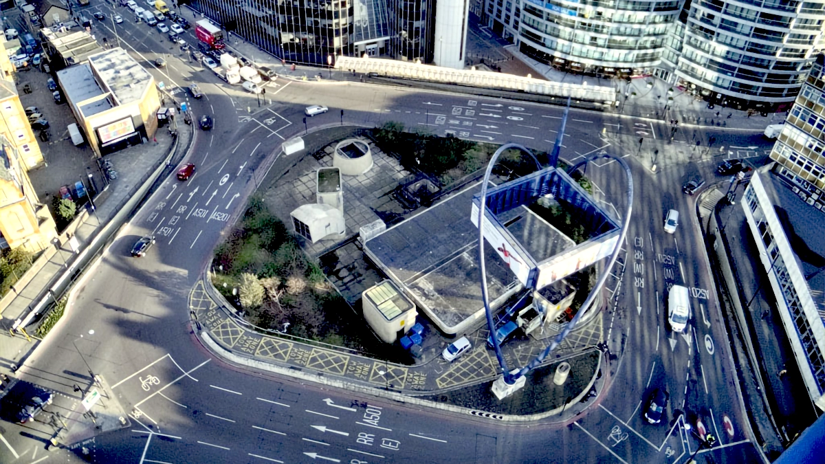 An aerial view of Old Street station forming the silicon roundabout tech centre of London