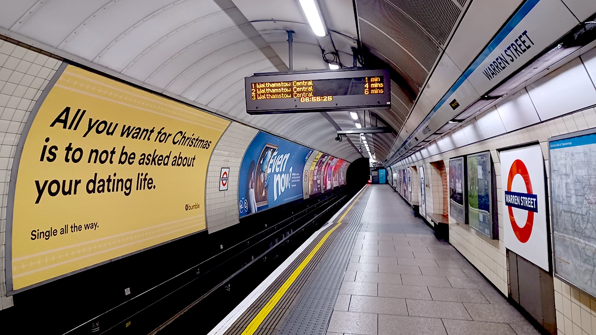 Cross track 48 sheet posters seen on the platform at Warren Street underground station