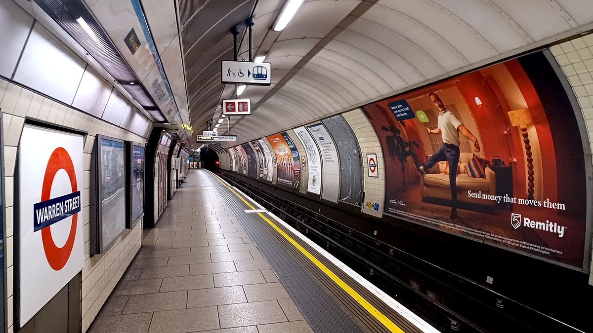 Cross track 48 sheet posters seen on the platform at Warren Street underground station