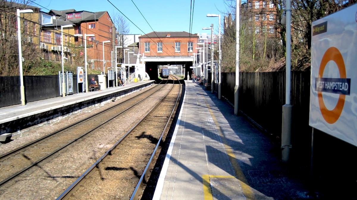 A view down the tracks at the surface level platforms at West Hampstead tube station
