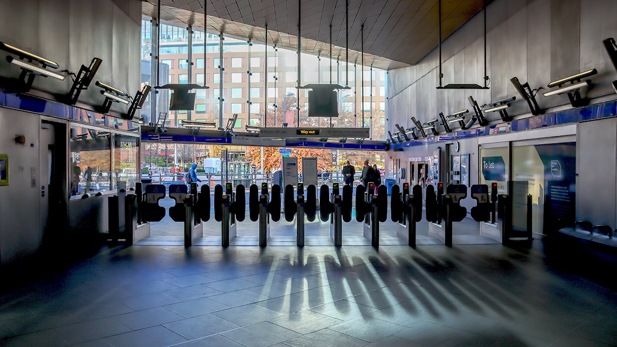 Looking back at the ticket gate line at Wood Lane station